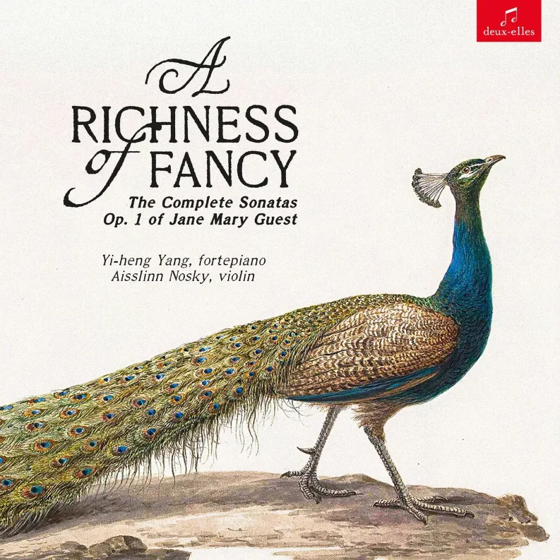 “A Richness of Fancy” CD cover artwork, featuring a color illustration of a peaock on an off-white background.