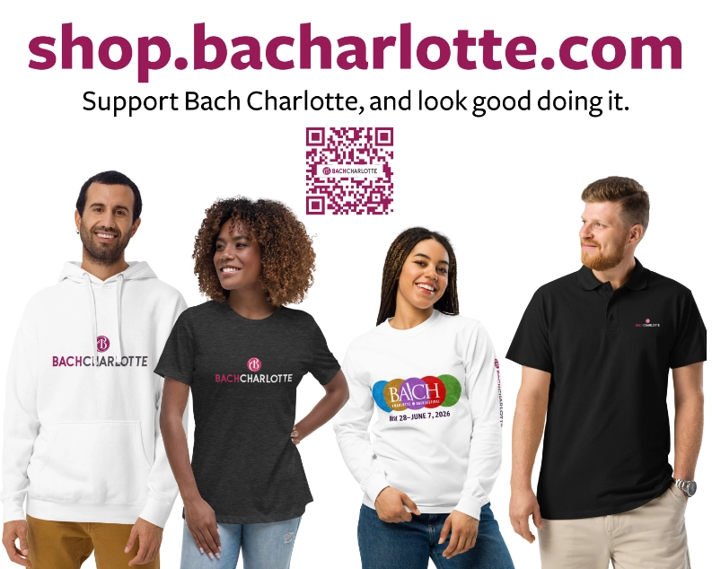 shop.bacharlotte.com sign - 4 models sporting Bach Charlotte and Charlotte Bach Festival gear.